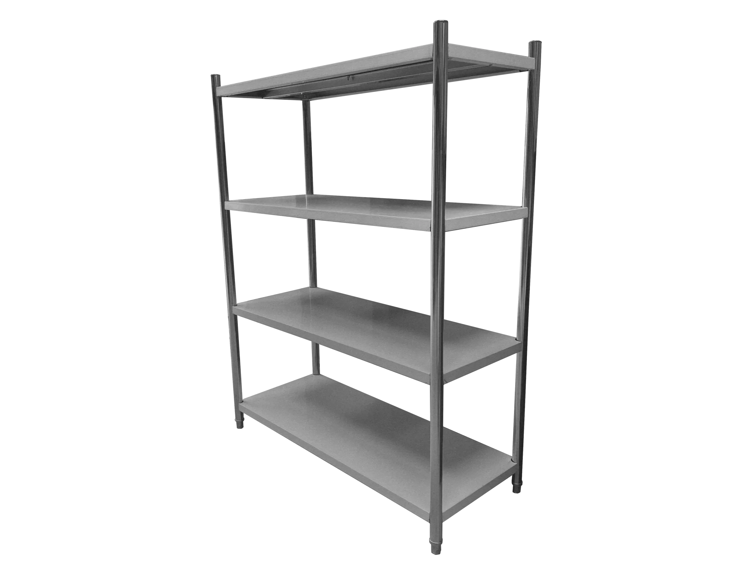 Free-standing, 4 tiered, silver shelving unit.